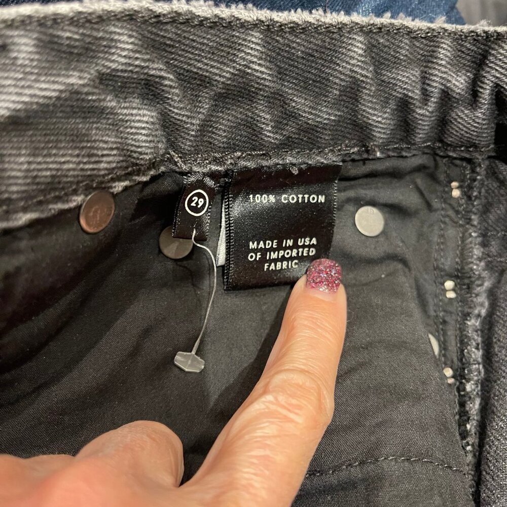 GRLFRND EVA STUDDED AND GUSSET A-FRAME BLACK DENIM MINI SKIRT, RAW EDGE, SIZE 29 - Picture 8 of 13
